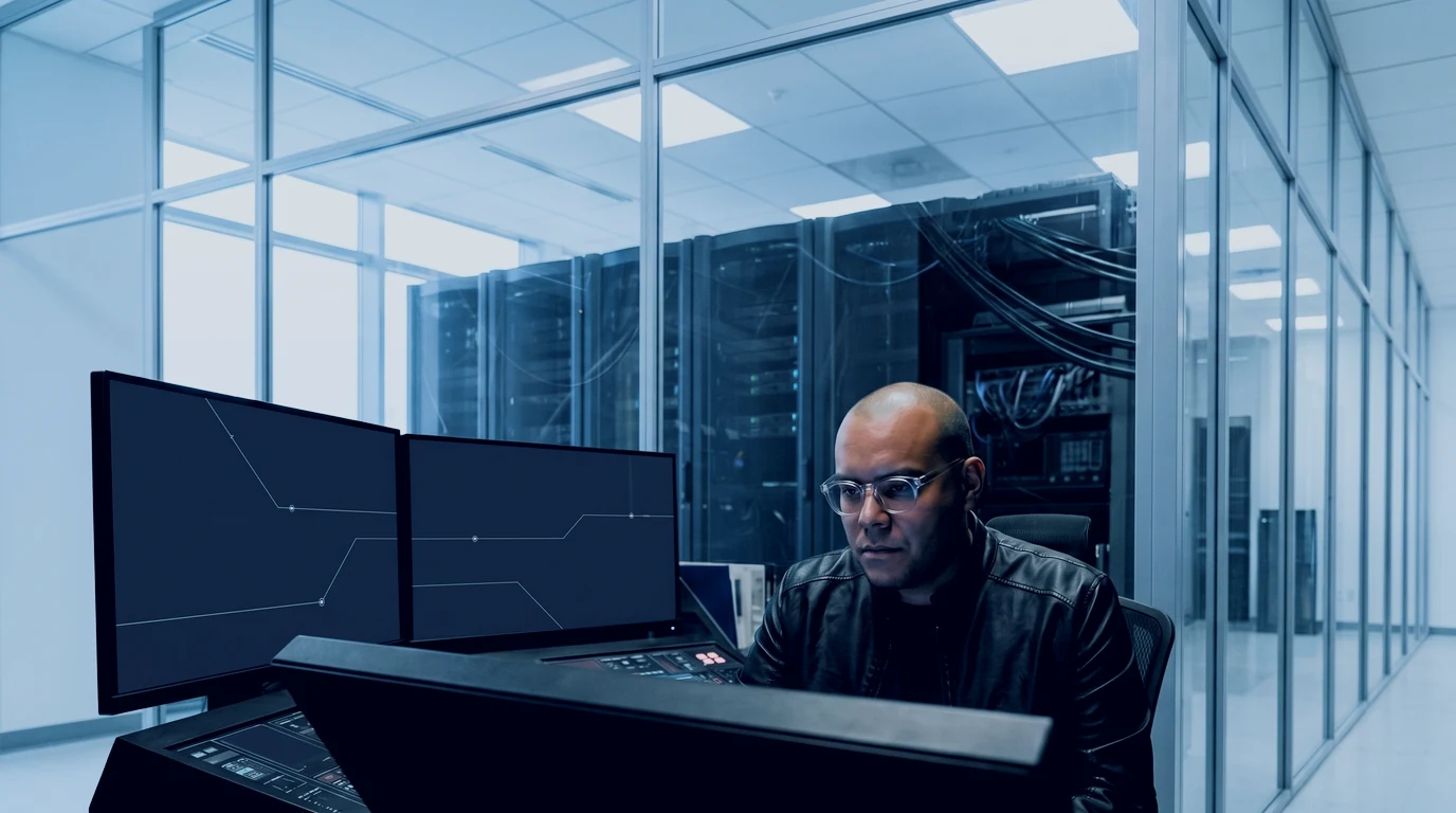Omar Trejo checks what the record shows at two monitors in a glass-walled room