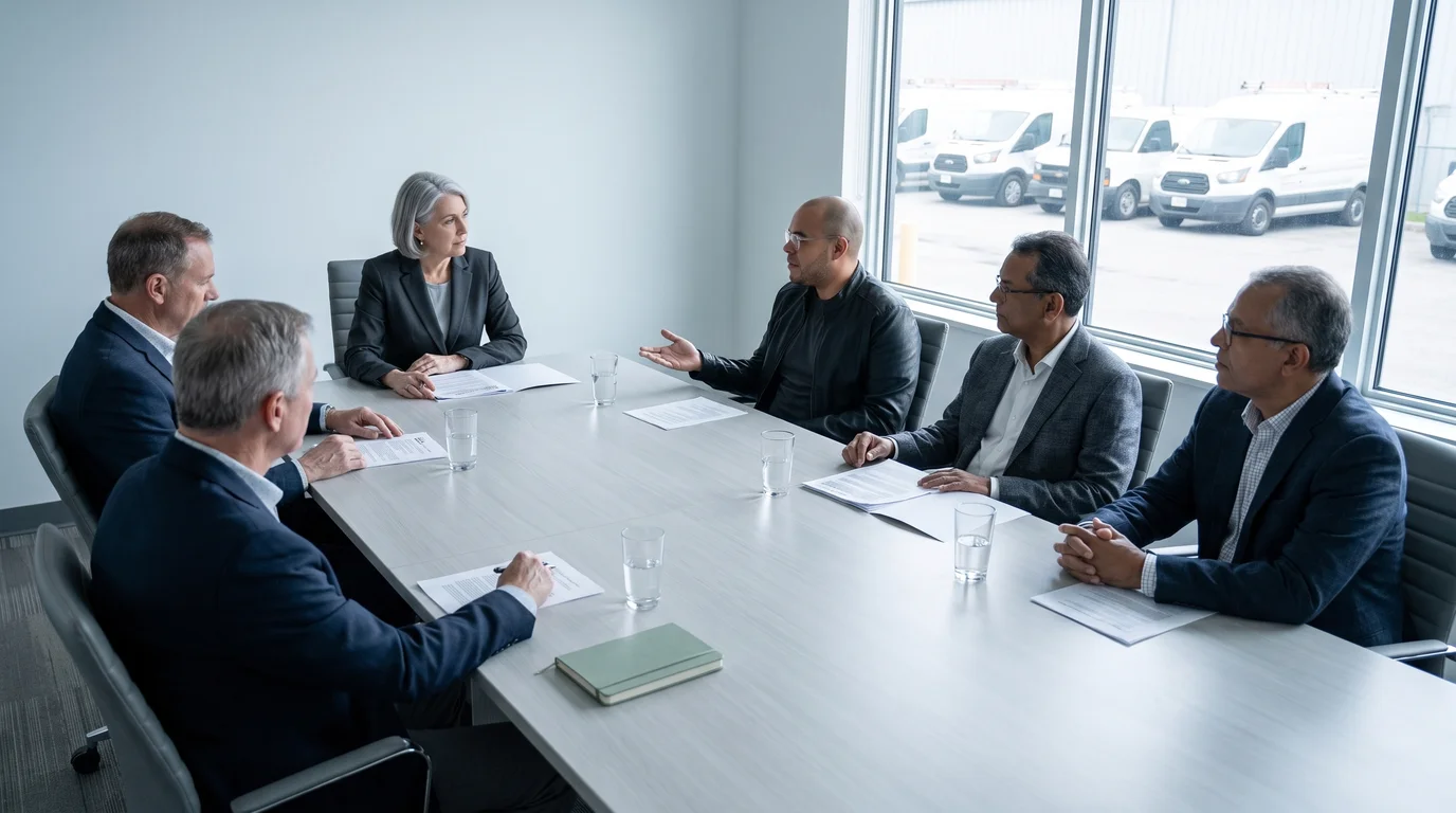 Omar Trejo answers a board chair's question across a board table