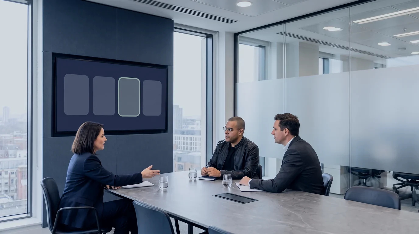 An executive points out one of four shortlisted workflows on a wall display while Omar Trejo and a colleague listen