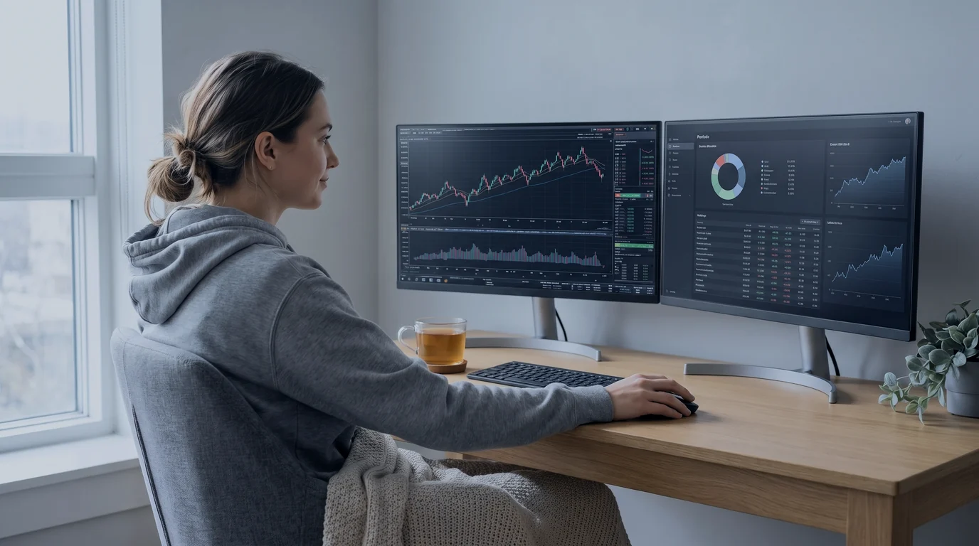 A young woman in a hoodie, a blanket on her lap, reviews a price chart and her portfolio on two monitors at home
