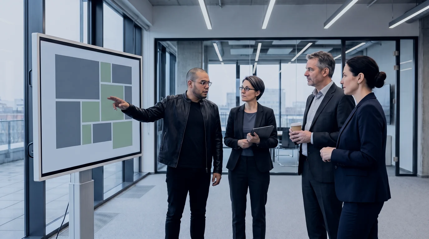 Omar Trejo points to one block on a standing screen as Reid, the host, and two executives listen