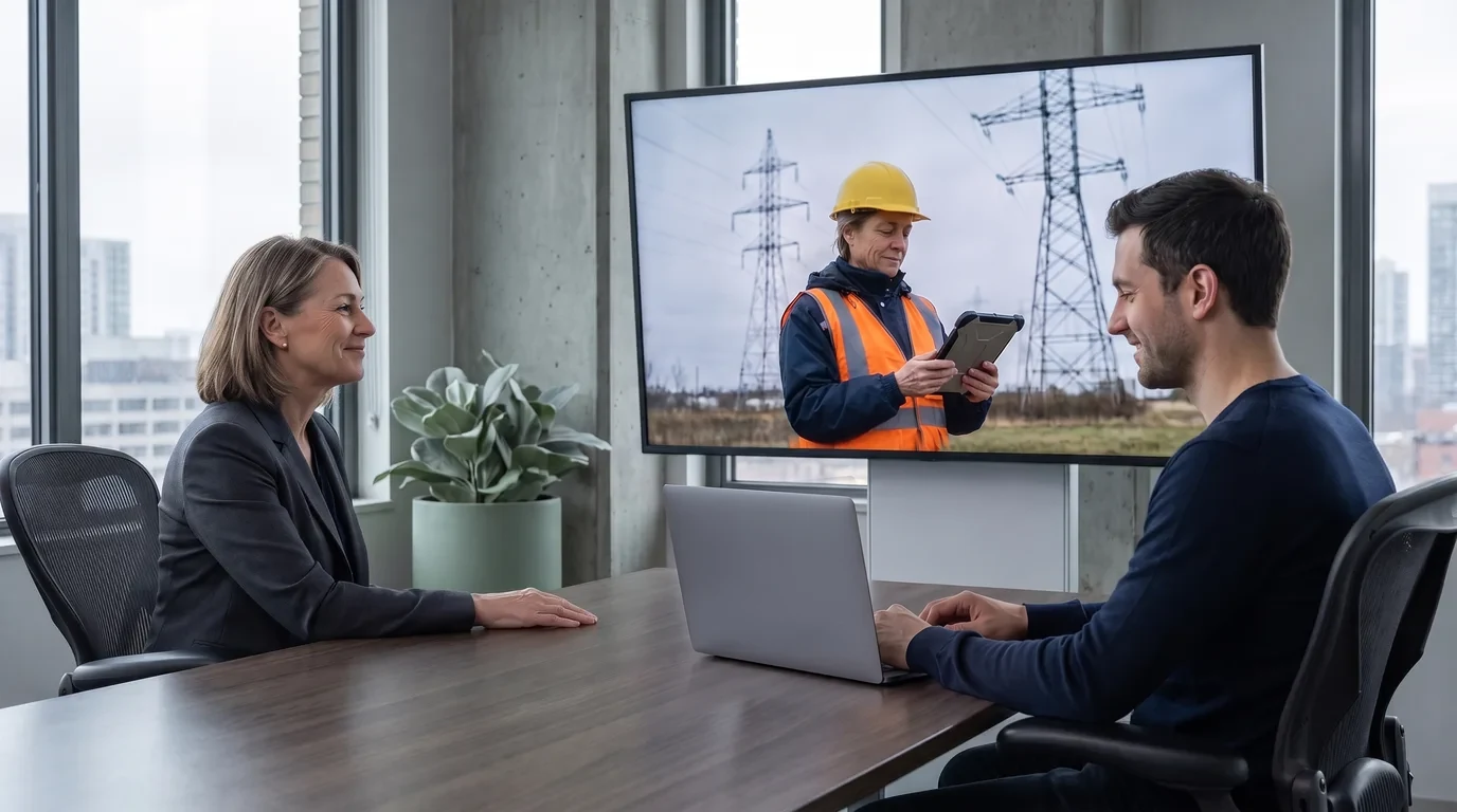 An executive and a software engineer on a video call with a field technician holding a tablet at a substation