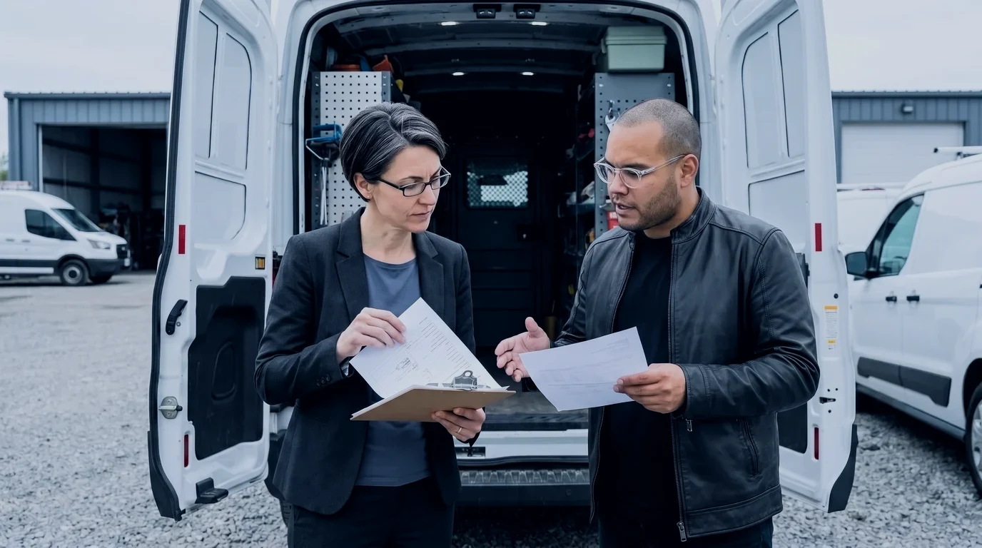 Reid checks a job packet's customer sign-off while Omar Trejo points to the missing purchase order