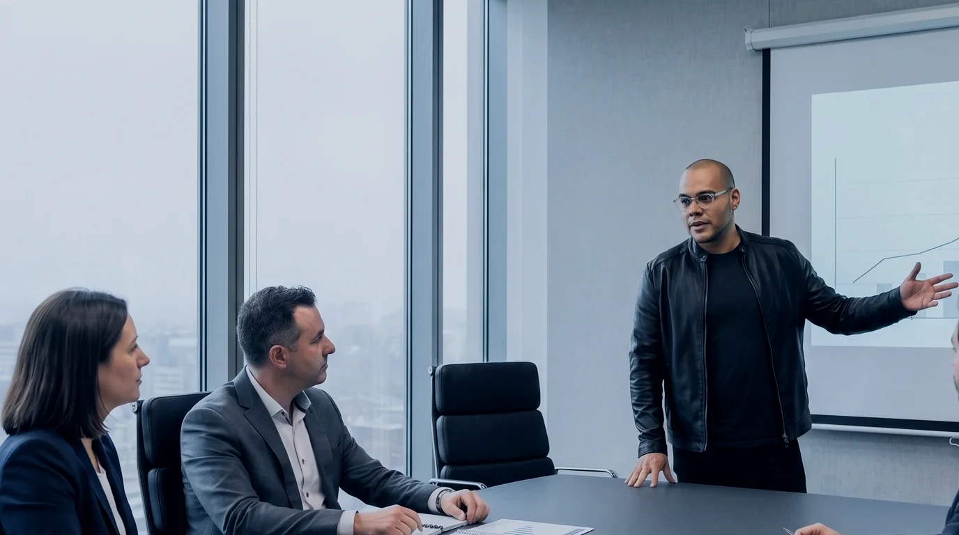 Omar Trejo presents a projected return chart to two directors at a table