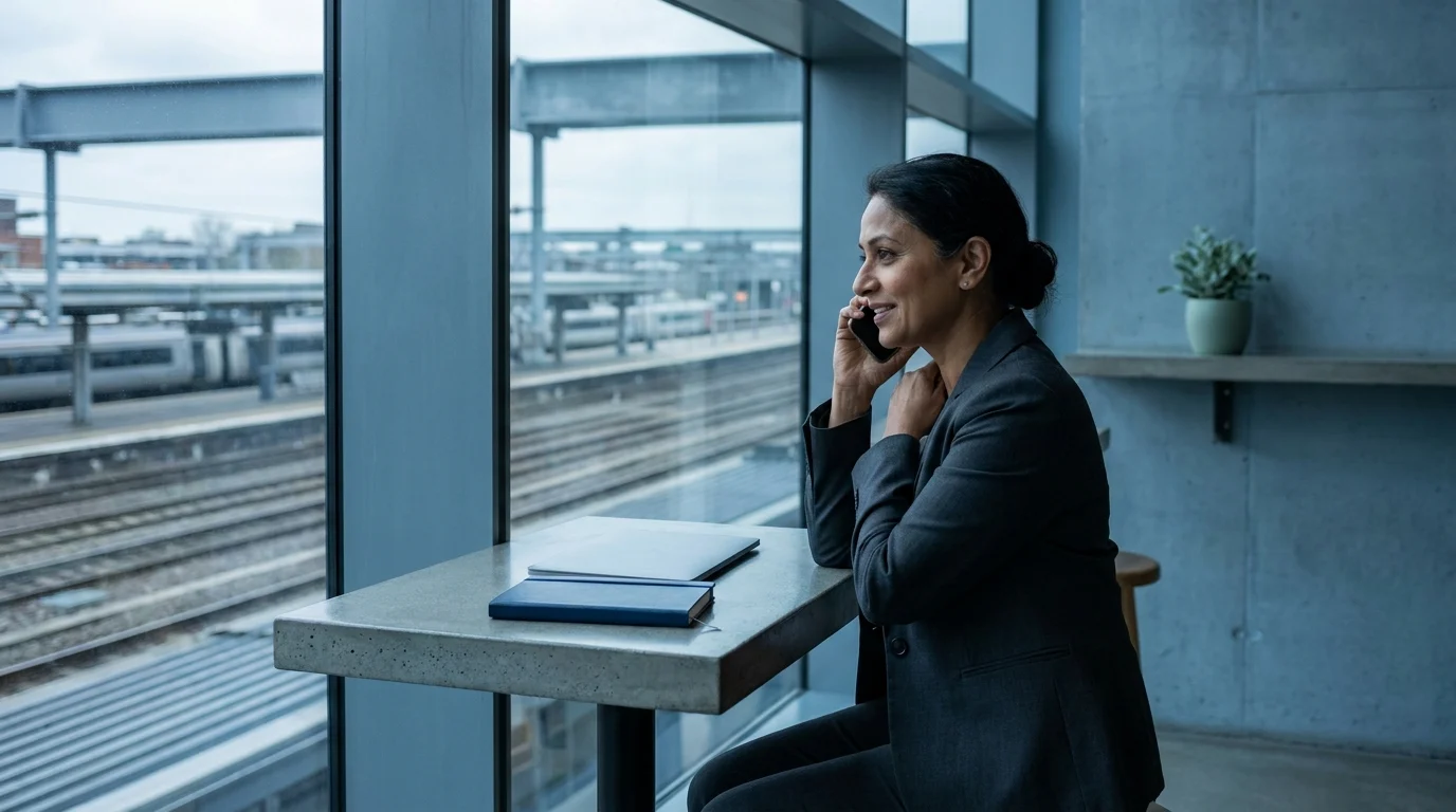 A new chief operating officer on a phone call in a railway station lounge, her closed laptop and notebook on the counter and the tracks behind the glass