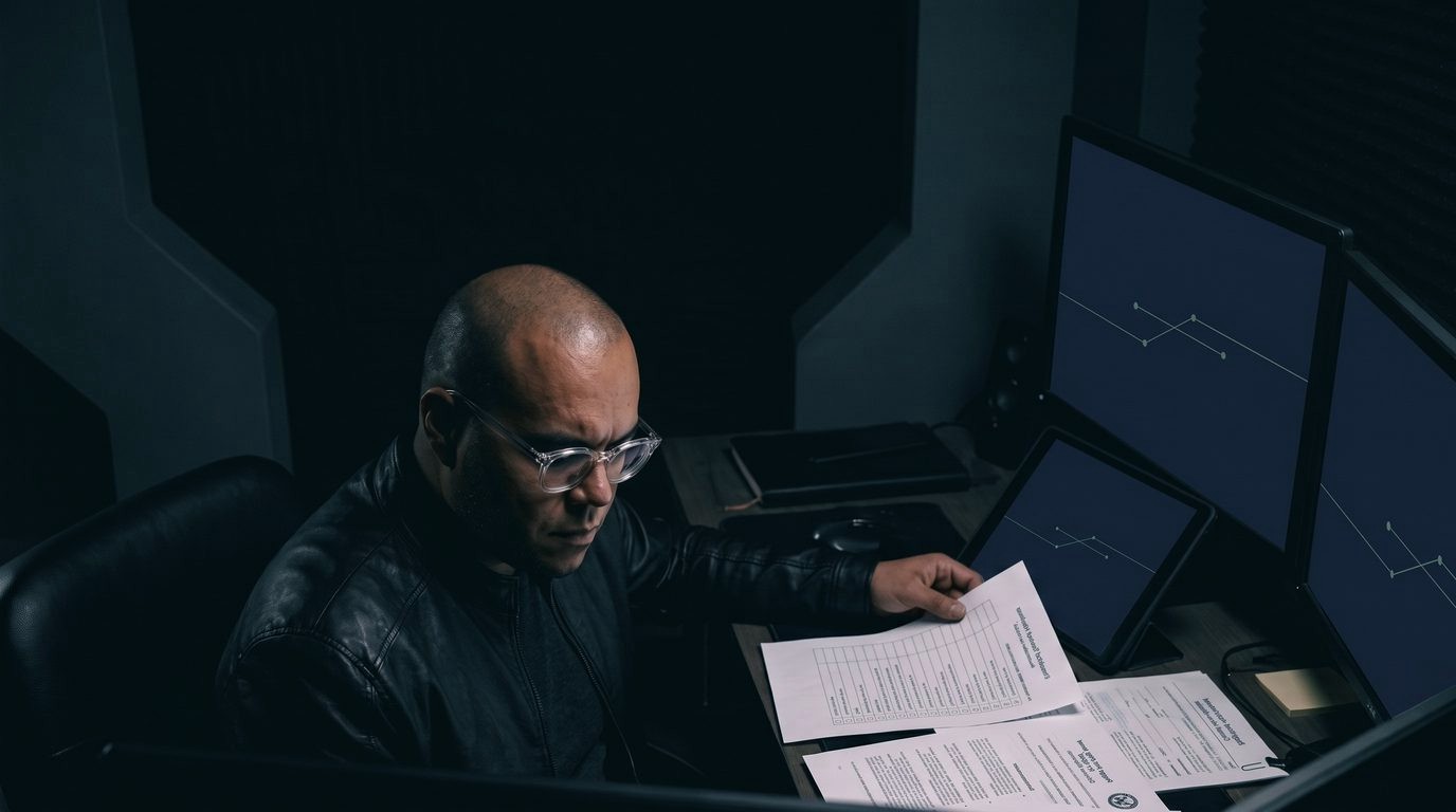 Omar reviews printed records at a desk beside monitors showing simple line charts.