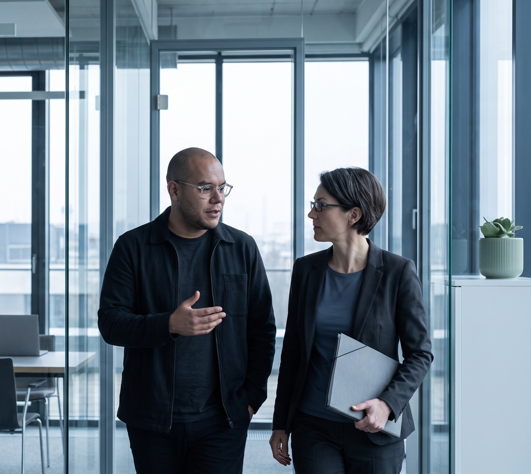 Omar Trejo and an executive talk in a glass corridor.