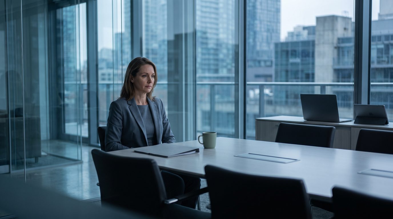 A woman waiting with an open laptop at a large conference table