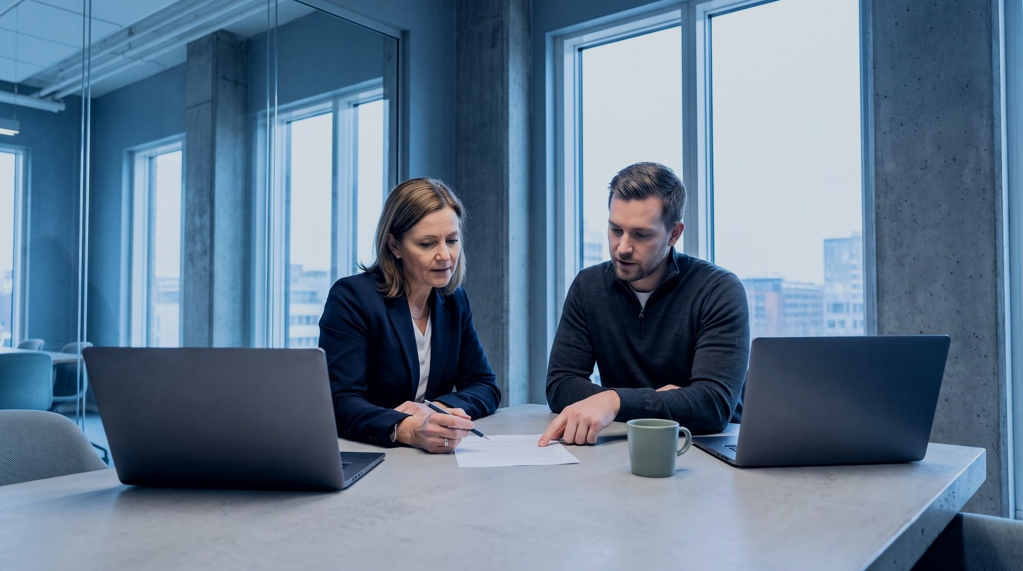 An executive and an operations lead reviewing one printed page at a meeting table