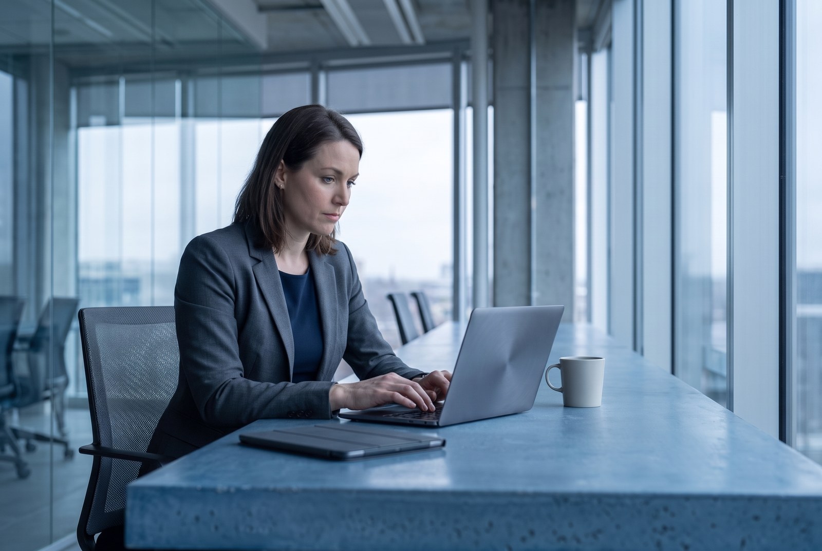 An executive in a charcoal blazer types at a laptop on a concrete desk beside an office window, her eyes on the screen, which faces away from the camera