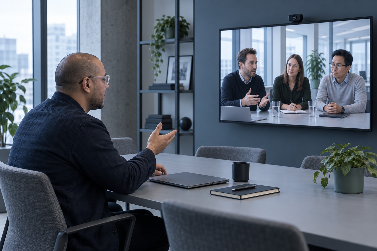 Omar joins a remote workshop with a client team shown on a wall display.