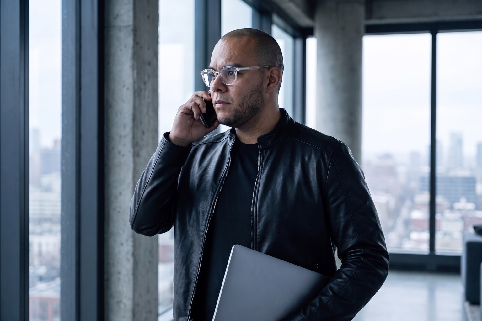 Omar Trejo on a phone call by a high-rise window, holding a closed laptop.