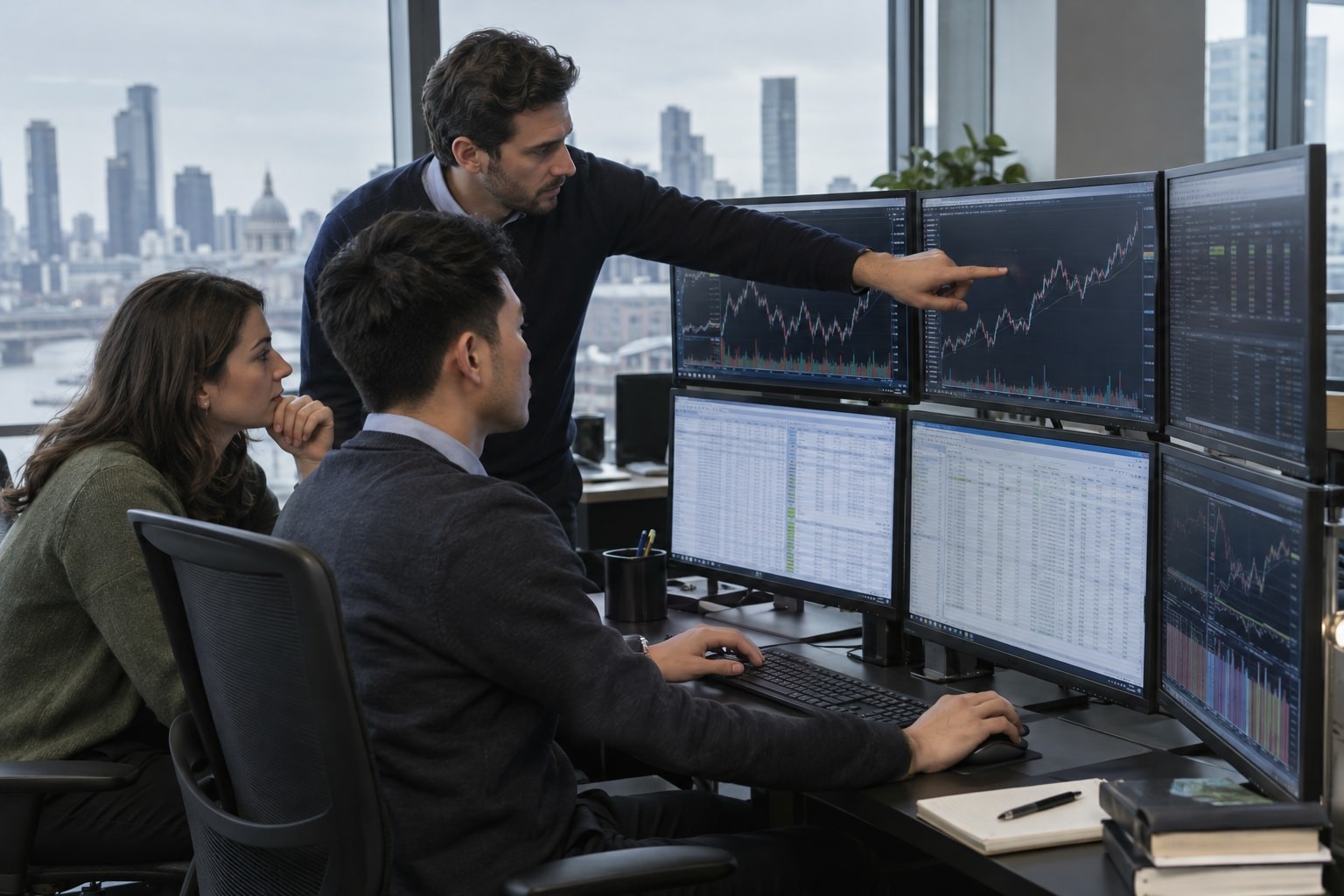 Three quantitative traders review price charts and spreadsheets across multiple monitors.
